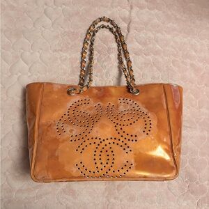 Auth CHANEL Orange Patent Perforated Logo Chain Tote
